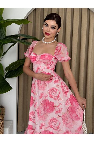 SWENS Rochie midi din șifon cu imprimeu floral roz - cu volane și cupe, căptușită de vară