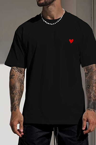 AEMİ Ανδρικό μπλουζάκι Oversize - Small Heart Printed, 100% Cotton, Crew Neck