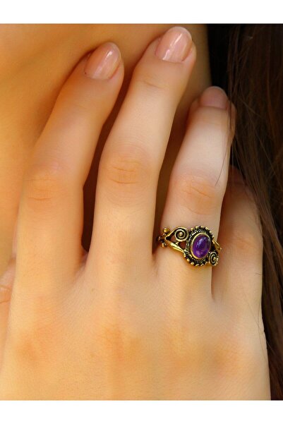 esha Doğal Taş Ametist Doğal Taşlı Antik İşlemeli Ayarlanabilir Kadın Yüzük euy36at
