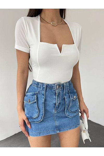 NDN STORE Γυναικεία Μπλούζα - Τετράγωνος Γιακάς, Κοντό Μανίκι