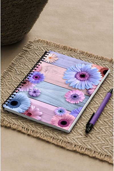 kutuTR Blue Pink Floral Pattern - Wooden MDF Cover, 100 Sheets Line Vip Modelist Notebook 80gr/m2 Ç503