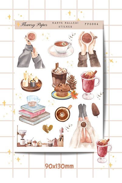 Flowery Paper Kahve Halleri Sticker, Ajanda ,Journal,Scrapbook,Defterler için...