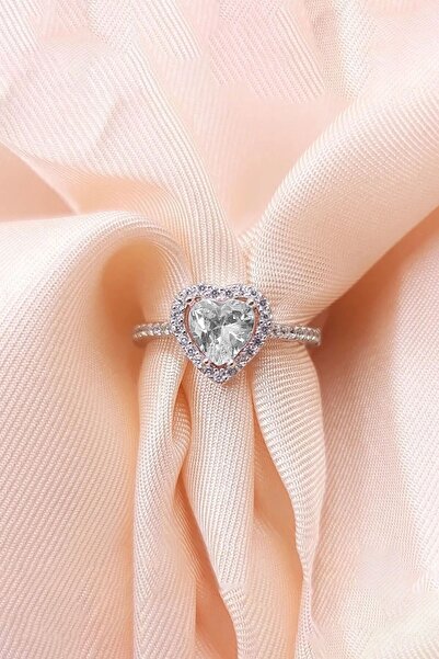 Feride خاتم فولاذي قابل للتعديل بحجر الزركون الفضي على شكل قلب