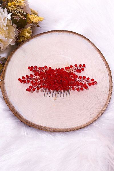 SimgeAksesuar Fully Handmade Red Colored Crystal Stone Stylish and Elegant Engagement and Henna Crown, Hair Accessory