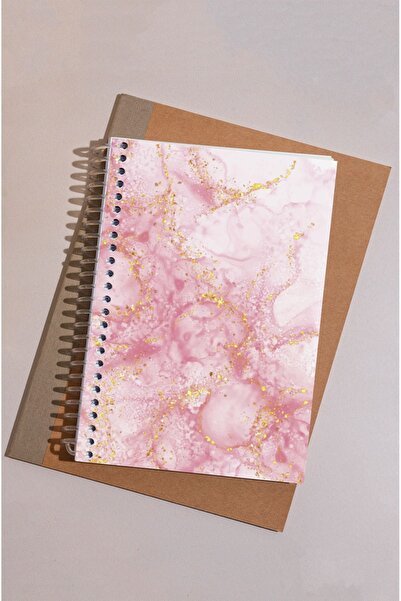 kutuTR 15x21 Vip Modelist Notebook - Pink Marble Pattern, Wooden MDF Cover, 100 Sheets Lined, 80gr/m2 Ç515