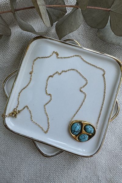 fuya design 50cm Steel Necklace - Three Turquoise Plate