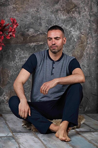 MİRELLA Erkek Parçalı Kısa Kollu Altı Uzun Penye Örme Kumaş Yazlık Pijama Takımı