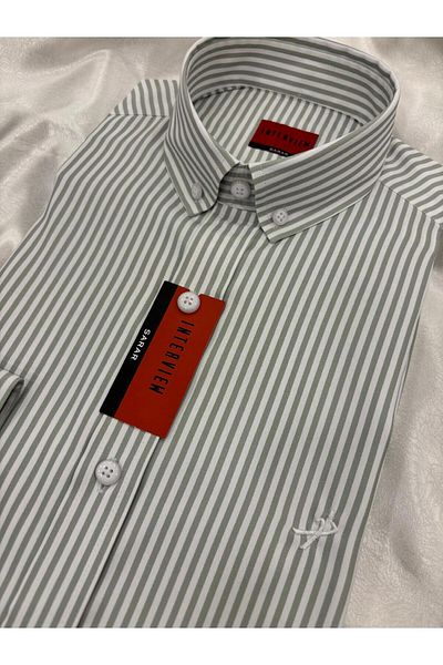Sarar Ανοιχτό πράσινο ριγέ πουκάμισο Slim Fit - Υφαντό Συνέντευξη