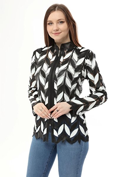 KENDE سترة نسائية من الجلد الطبيعي بنمط أوراق الشجر