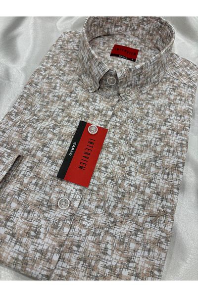 Sarar Ανοιχτό καφέ Λινό πουκάμισο Slim Fit - Υφαντό Συνέντευξη