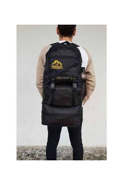 MONTANA Mountainer 80l - Rucsac negru pentru rulotă, rezistent la apă și cu mai multe compartimente, cu burduf dublu