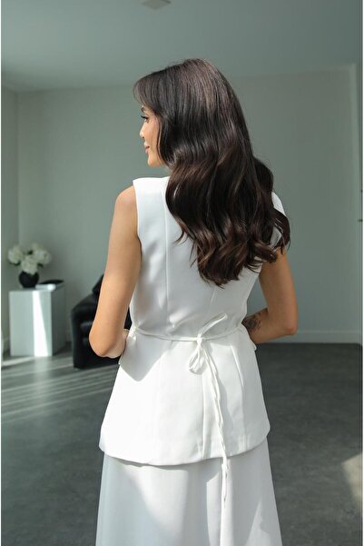 buqre's moda Asymmetrical Vest and Long Skirt Set - Pearl Button Detail