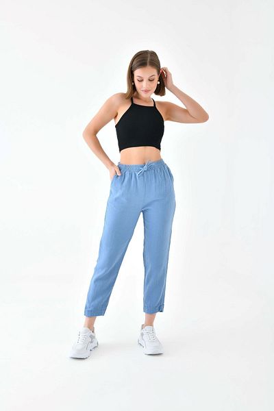 enmodaiçgiyim Μπλε 100% βαμβακερό ύφασμα μουσελίνα Skinny Leg Γυναικείο παντελόνι
