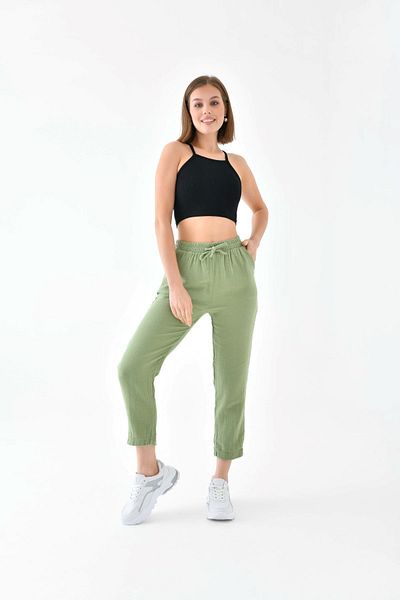 enmodaiçgiyim Pantaloni de damă, 100% bumbac, muselină, verde măsline