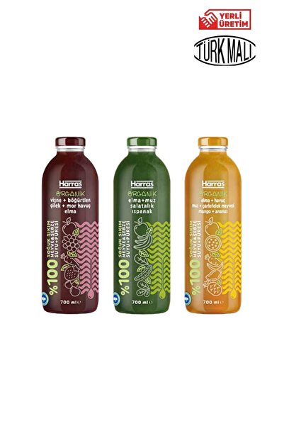 Harras Organik Soğuk Sıkım Meyve Sebze Suyu Detoks Seti 700 ml x 3 Adet | %100 Doğal Şeker İlavesiz Vegan
