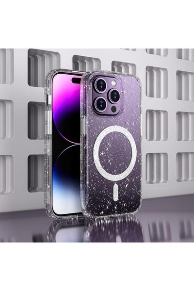 Dexmon iPhone 15 Pro Max Uyumlu Simli Parlak Saydam Magsafe Sararmaz Darbe Em...