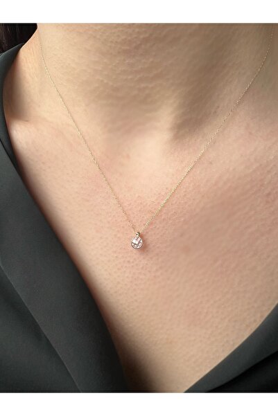 Goldstation 14 Ayar Altın Kolye Tek Taş Detaylı