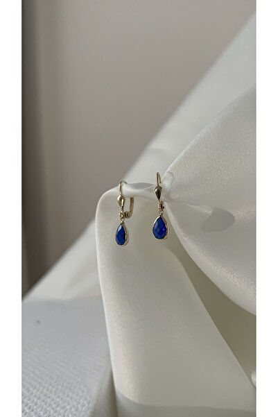 Goldstation 14 Ayar Altın Küpe Zirkon Damla Taşlı(MAVİ)