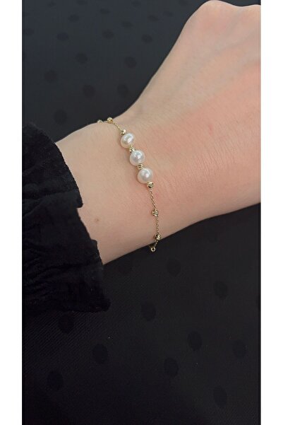 Goldstation 14 Ayar Altın Bileklik 3'lü Inci'li(ORİJİNAL) Dorika Top Detaylı