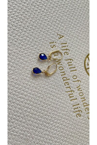 Goldstation 14 Ayar Altın Küpe Zirkon Damla Taşlı(MAVİ)