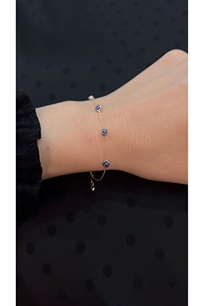 Goldstation 14 Ayar Altın Bileklik Mavi Nazar Boncuklu Detaylı