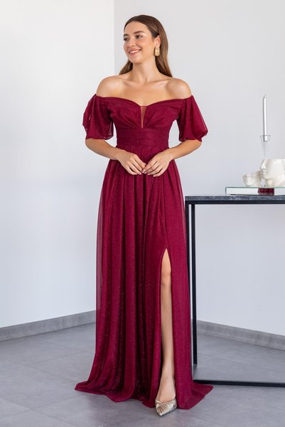 sarebutik Simli Düşük Kol Abiye - Bordo