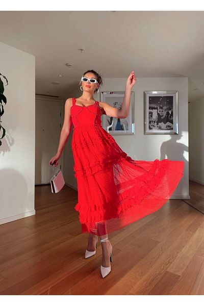 1Moda1Tarz Red Imported Fabric - Pearl Embroidered Chest and Sling Polka Dot Patterned Lined Women's Dress