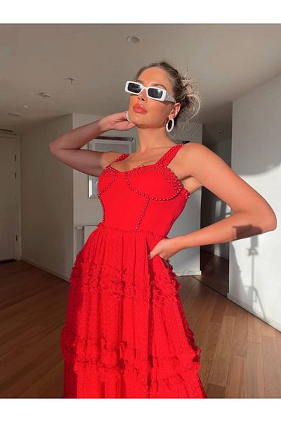 1Moda1Tarz Red Imported Fabric - Pearl Embroidered Chest and Sling Polka Dot Patterned Lined Women's Dress