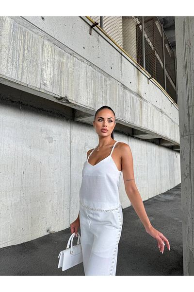 1Moda1Tarz White Linen Set - Pearl Detailed Blouse and Trousers Set