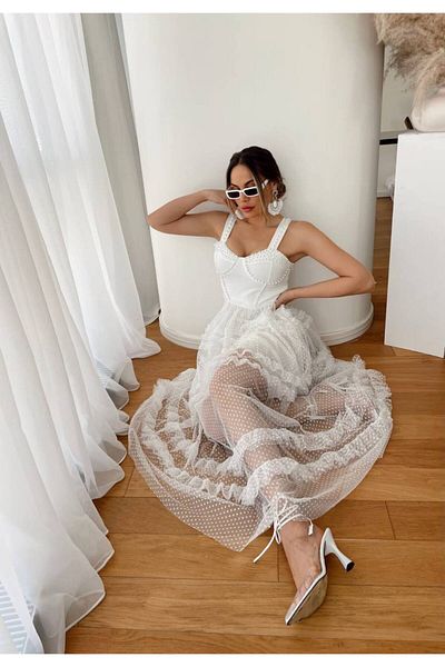 1Moda1Tarz Γυναικείο φόρεμα με επένδυση από λευκό ύφασμα εισαγωγής - στήθος και μαργαριτάρι κεντημένο πουά