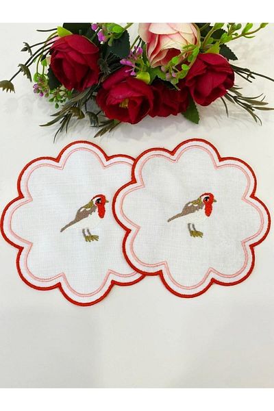 İNCİ ÇEYİZ 6 Pieces Love Birds Embroidered Linen Coffee Side Cocktail Napkin & Coasters