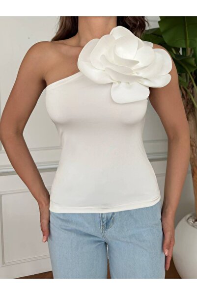 1Moda1Tarz White Rose Detailed Crepe Blouse - Women's Imported Design