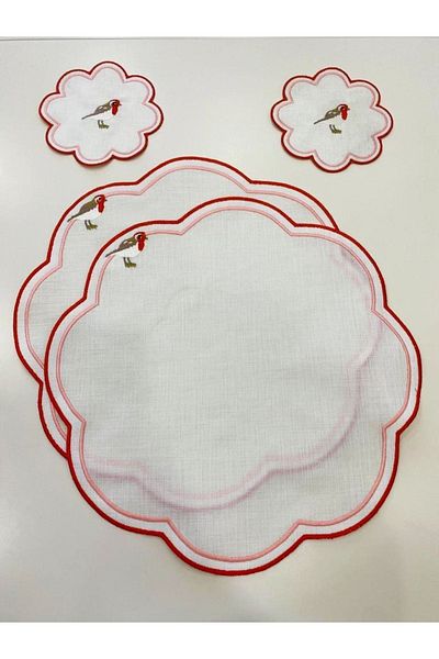 İNCİ ÇEYİZ 4 Pieces First Quality Linen Love Birds Embroidered American Serving Charger and Presentation Napkin