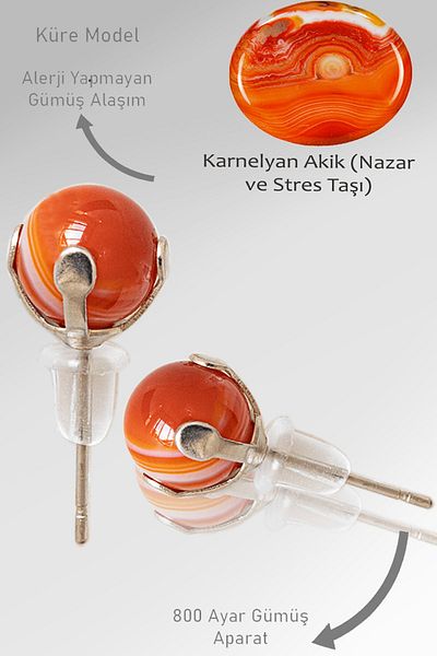 Tesbih Atölyesi Real Karnelyan Agate Stone - Certified Point Natural Stone Earrings