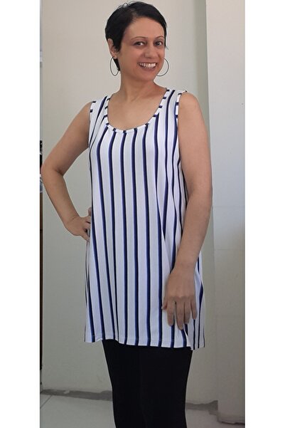 Mertcan Butik White Indigo Blue Navy Blue Striped Thick Strap Combed Viscose T-Shirt
