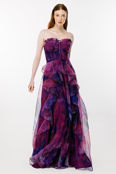 sarebutik فستان سهرة بفتحة رقبة بدون حمالات وتنورة مكشكشة باللون الأرجواني