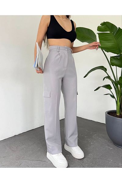 sunfyre Women's Loose Leg High Waist Fabric Pants with Cargo Pockets Pleated