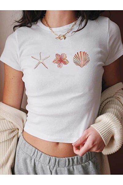 Touz Moda Bluză crop de lungime cu centură cu imprimeu de stele de mare și scoici și flori