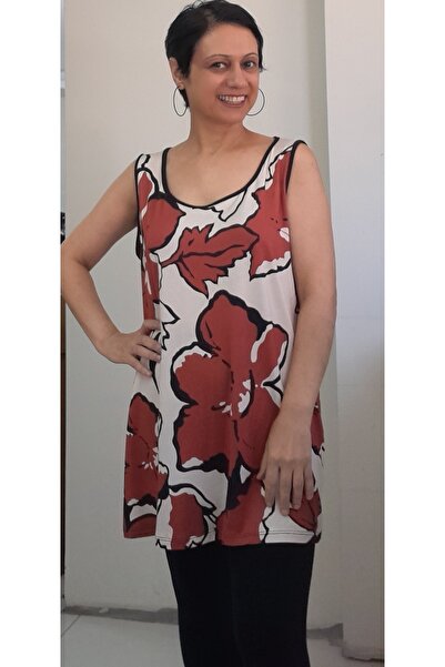 Mertcan Butik Ecru Tile Flower Patterned Viscose Combed Cotton T-Shirt - Thick Straps