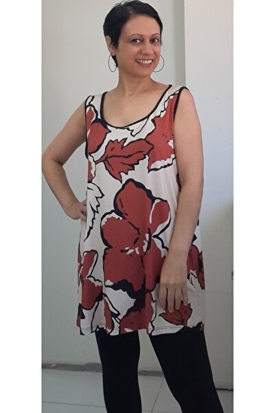 Mertcan Butik Ecru Tile Flower Patterned Viscose Combed Cotton T-Shirt - Thick Straps