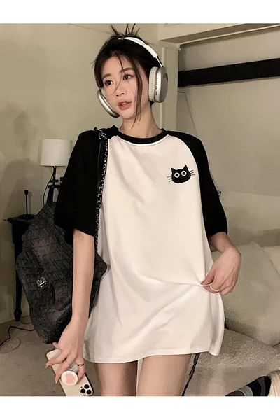 Touz Moda Μπλουζάκι Y2k Cute Cat με μοτίβο λευκό Oversize Raglan μανίκι