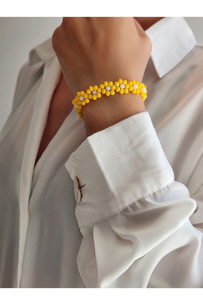 Eva Takı 4mm Crystal Yellow Beaded Daisy Model Necklace and Bracelet Set - Handmade