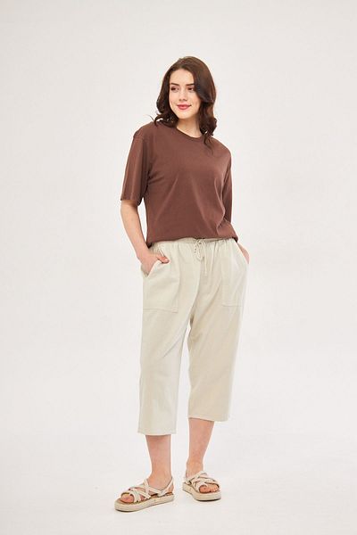 NASIFOĞLU GİYİM Women's 100% Cotton Beige Elastic Waist Linen Capri Comfortable Loose Fit Cool Capri