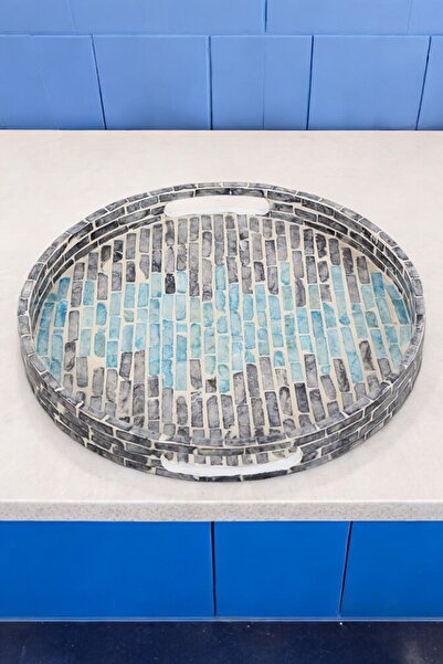 oceanpoint Mozaik Tepsi Siyah/Mavi Sedefli İskandinav El Yapımı Özel Tasarım Servis Sunum Tepsisi Yuvarlak 30CM