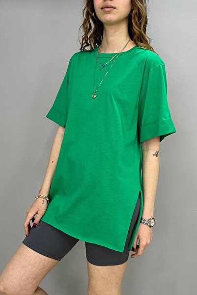 Tam Moda Γυναικείο μπλουζάκι με σκίσιμο στο πλάι πράσινο