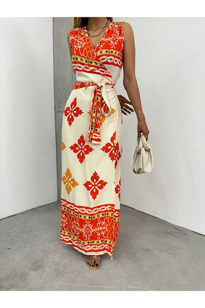 Fav Style Rochie lungă fără mâneci cu guler dublu cu imprimeu portocaliu pentru femei
