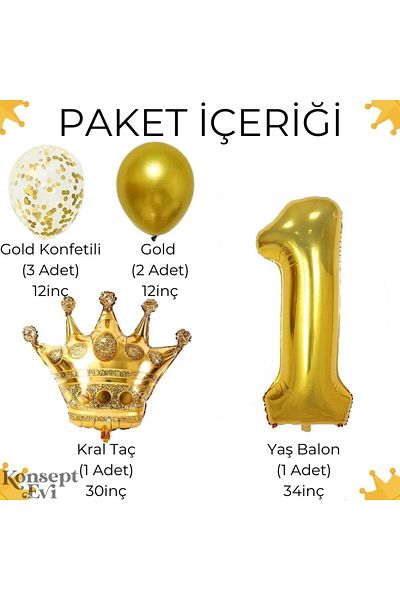 Konsept Sepeti Σετ πάρτι με μπαλόνι με χρυσό καραμέλα με κορώνα για γενέθλια 1 έτους