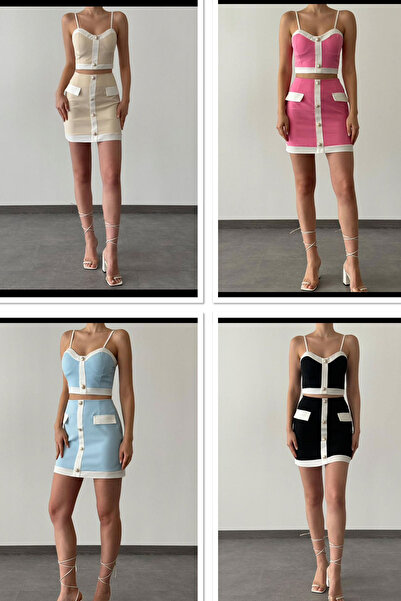 ESSFASIHON İnce Askılı Metal Düğmeli Crop Mini Etek Takım