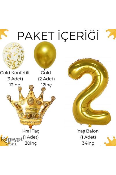 Konsept Sepeti 2 Year Old Birthday - King Crowned Gold Confetti Foil Balloon Figure Party Set