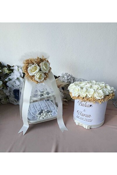 ZEKAAVM Söz Çiçeği - Nişan Çiçeği - Isteme Çikolatası - Söz Nişan Hediyelik çift kat porselen tabaklı